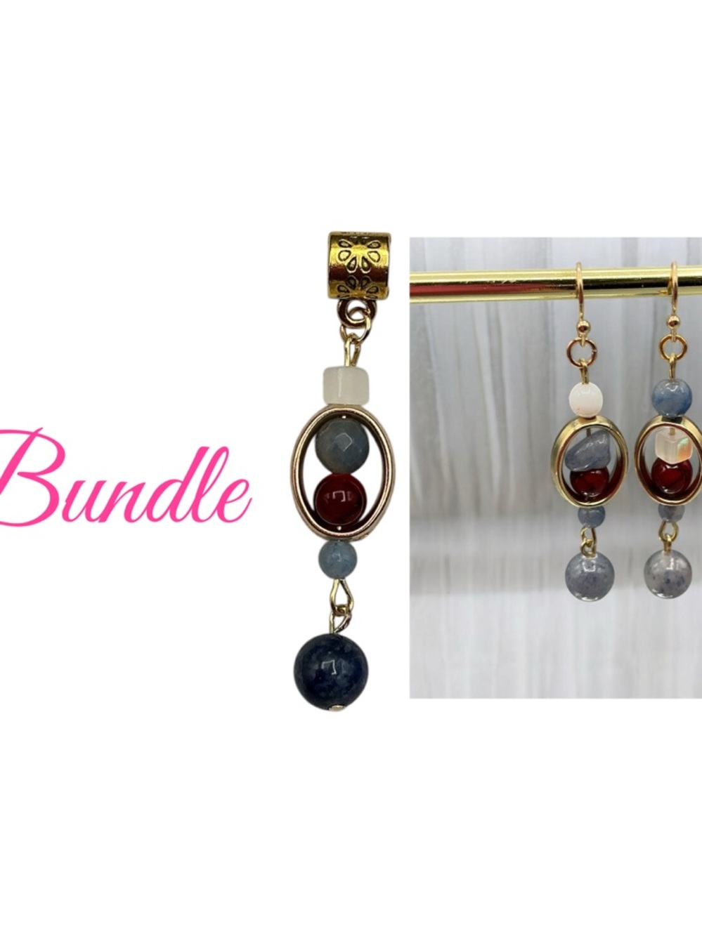 Gold Oval Red and Blue Bead Drop Earrings Set